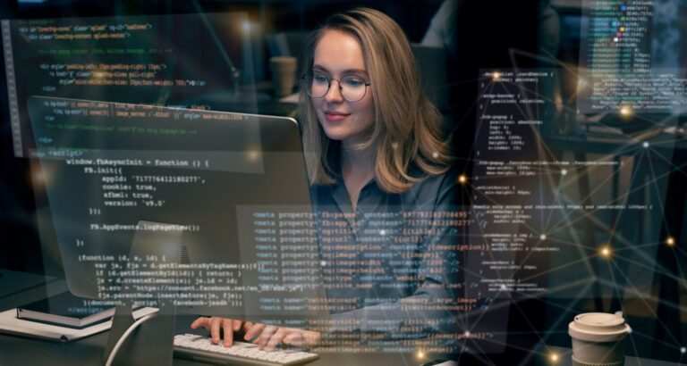 Profissional de Sistemas de Informação trabalhando no desenvolvimento de software, com códigos e elementos digitais representando o ambiente de tecnologia e análise de dados.