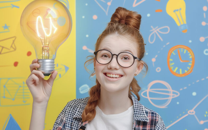 Adolescente segurando lâmpada que representa os vários tipos de inteligência.