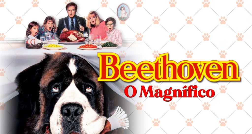 Um cachorro São Bernardo, conhecido como Beethoven, domina o primeiro plano da imagem. Ele está parcialmente coberto por uma toalha de mesa branca, possivelmente após um incidente na mesa de jantar. Ao fundo, uma família está sentada à mesa, com expressões de surpresa e consternação em seus rostos, sugerindo que Beethoven possa ter causado alguma confusão. A mesa está posta com um jantar, incluindo um peru. O título "Beethoven, O Magnífico" está sobreposto à imagem em letras vermelhas e amarelas. O fundo apresenta um padrão repetido de pegadas de cachorro rosa claro.