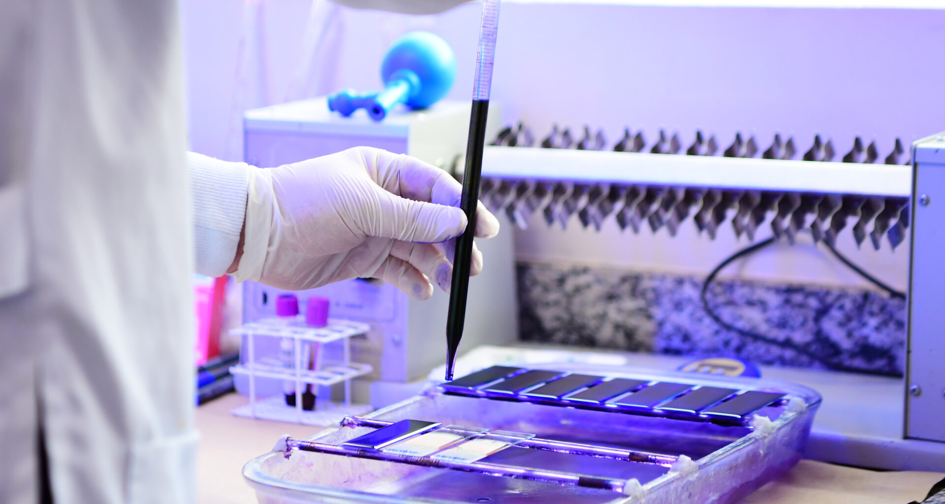 Cientista manipulando amostras em laboratório com luz ultravioleta.