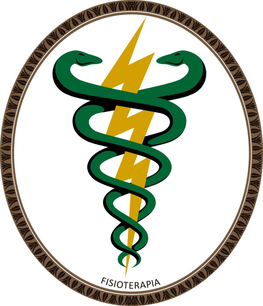 Símbolo oficial da Fisioterapia, composto por um raio dourado central com duas serpentes verde e preta entrelaçadas em sentido oposto, sobre um camafeu elíptico com borda marrom e preta e fundo branco.