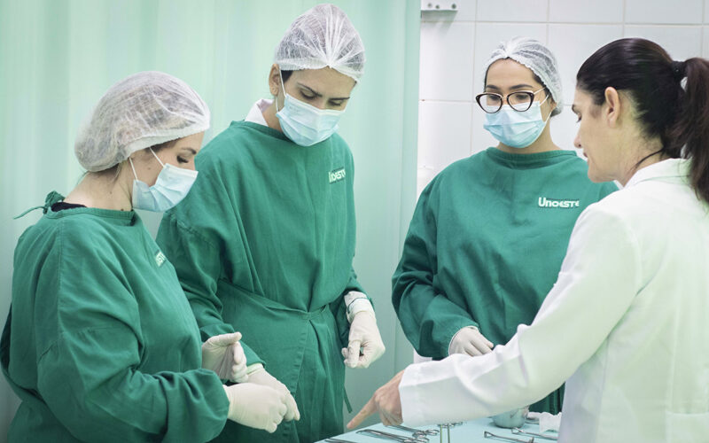 Estudantes de Enfermagem da Unoeste, com jalecos e máscaras, recebem orientação prática de docente em ambiente de laboratório.