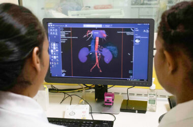 Estudantes de Biomedicina da Unoeste analisam imagens tridimensionais de exames em um computador durante estágio prático de diagnóstico por imagem, observando detalhes anatômicos com tecnologia avançada.