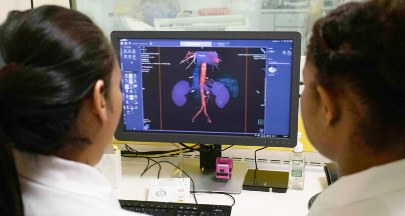 Estudantes de Biomedicina da Unoeste analisam imagens tridimensionais de exames em um computador durante estágio prático de diagnóstico por imagem, observando detalhes anatômicos com tecnologia avançada.