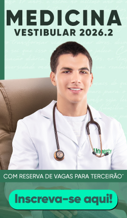 Vestibular de Medicina da Unoeste 2026.2. A maior parte da imagem mostra um jovem sorridente, de pele clara, cabelo escuro, vestindo um jaleco branco com um estetoscópio no pescoço e a logo "Unoeste" no bolso. Ele está sentado em uma cadeira de escritório. Atrás dele, um fundo verde claro. Na parte superior do fundo, em letras grandes e escuras, lê-se "MEDICINA VESTIBULAR 2026.2". Na parte inferior da imagem, uma faixa verde escura com o texto "COM RESERVA DE VAGAS PARA TERCEIRÃO*". Abaixo, um botão verde vibrante com o chamado à ação "Inscreva-se aqui!".
