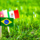 Bandeiras de diferentes países posicionadas sobre gramado de futebol, representando o clima internacional e multicultural da Copa do Mundo.