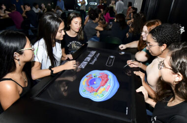Estudantes participam de atividade colaborativa em uma mesa digital interativa durante aula prática, explorando um modelo tridimensional de célula em ambiente universitário.