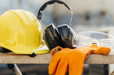 Equipamentos de proteção individual (EPIs), como capacete, óculos, protetor auricular e luvas, utilizados na prevenção de acidentes de trabalho e na promoção da segurança no ambiente laboral.