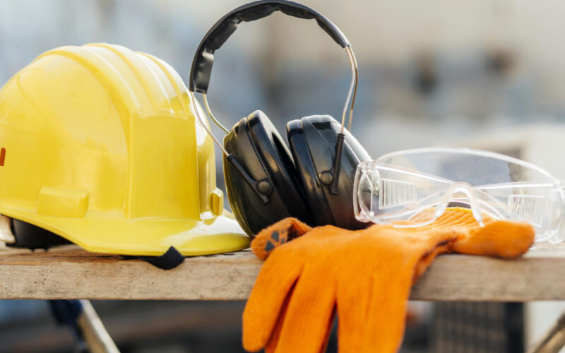 Equipamentos de proteção individual (EPIs), como capacete, óculos, protetor auricular e luvas, utilizados na prevenção de acidentes de trabalho e na promoção da segurança no ambiente laboral.